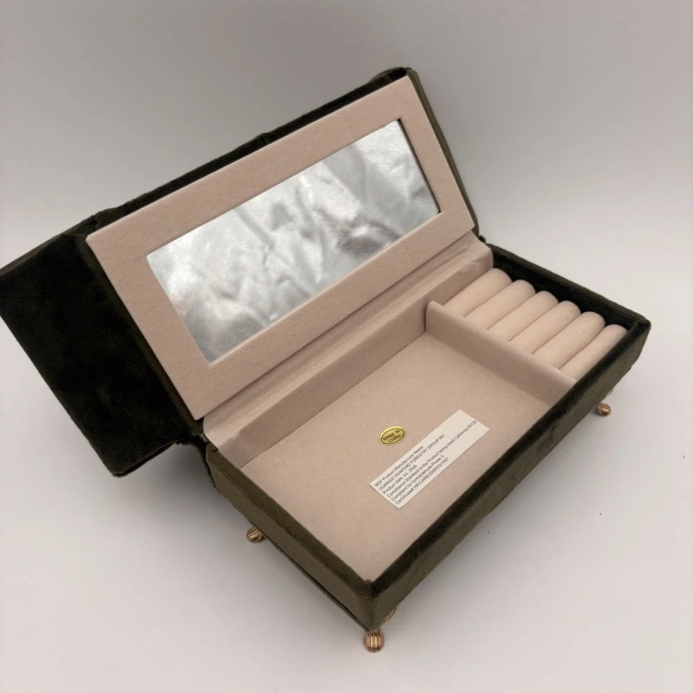 Miniature Sofa Jewelry Box Olive Green Velvet Heart Back Rose Gold Legs Mirror